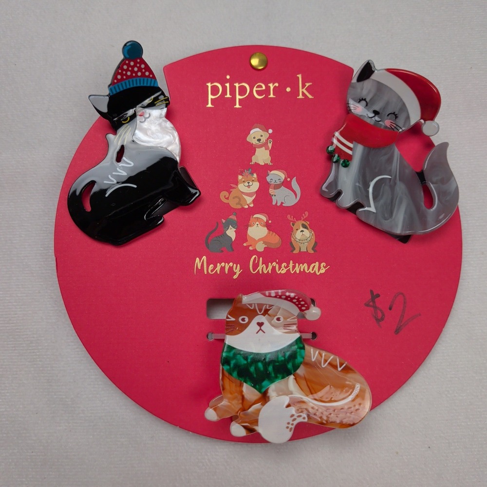 Holiday Christmas Cat Hair Clip Set Marbled Acrylic Feline 3pc Whimsical